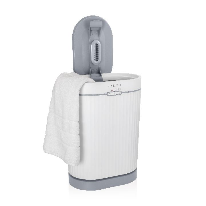 Zadro TWOVL01 705004424639 product photo open with towel, fluted towel warmer w/ diffuser in front of a white background