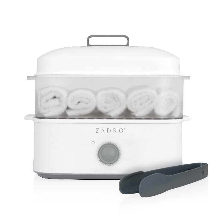 Zadro TWSWH4C 705004424592 product photo front view with tongs, towel steamer with tongs in front of a white background