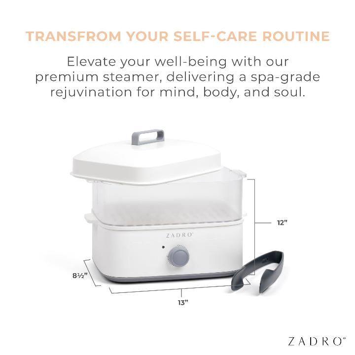 Zadro TWSWH4C 705004424592 product photo with specs, towel steamer with tongs in front of a white background