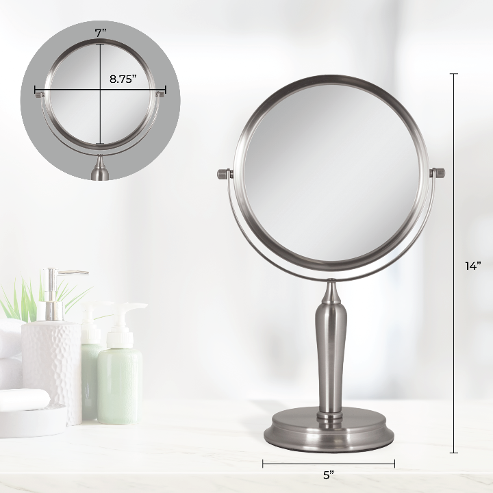 Zadro VANE45 705004421331 environment photo front view with dimensions, anaheim makeup mirror with magnification in front of a real life setting