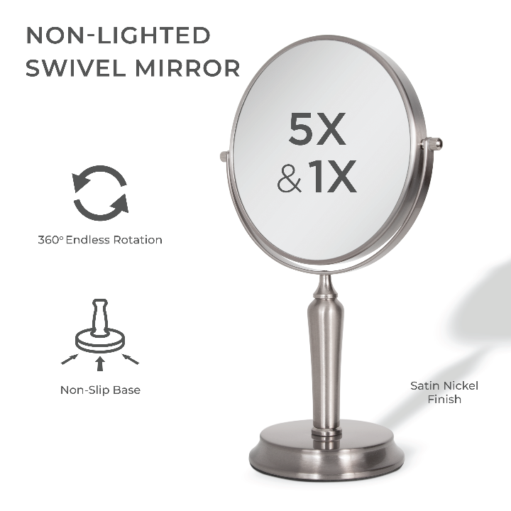 Zadro VANE45 705004421331 product photo side view with specs, anaheim makeup mirror with magnification in front of a white background