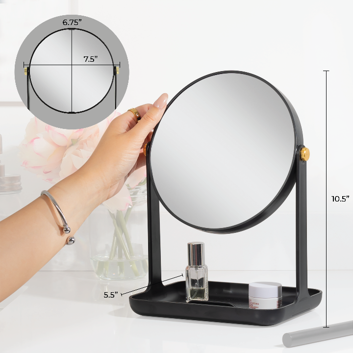 Zadro ZBVT2000 705004423410 environment photo in use with dimensions, back-to-school makeup mirror with accessory tray & phone holder in front of a real life setting