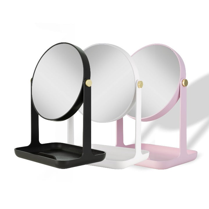 Zadro ZBVT2000 705004423410 product photo side view color variations, back-to-school makeup mirror with accessory tray & phone holder in front of a white background