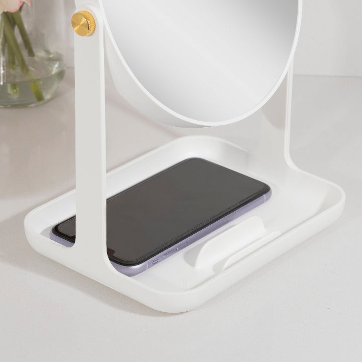 Zadro ZBVT2001 705004423427 environment photo in use cellphone in tray, back-to-school makeup mirror with accessory tray & phone holder in front of a real life setting
