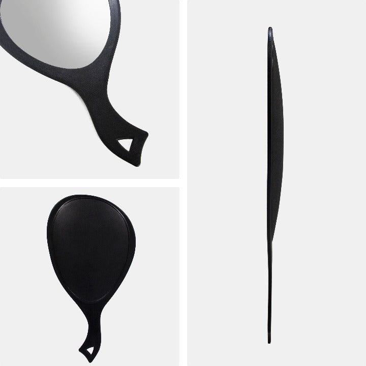 Zadro ZHL1 705004419956 product grid collage black, large teardrop handheld mirror with handle collage of product photos in front of a solid neutral background
