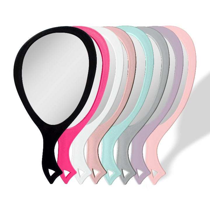 Zadro ZHL1 705004419956 product photo all color options front view, large teardrop handheld mirror with handle in front of a white background