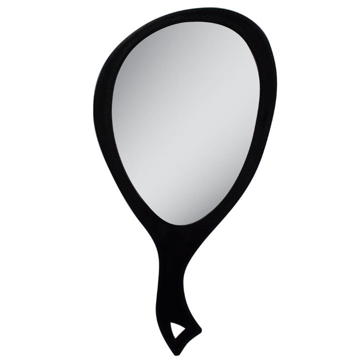 Zadro ZHL1 705004419956 product photo front view black, large teardrop handheld mirror with handle in front of a white background