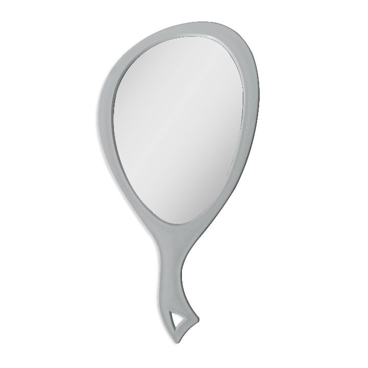 Zadro ZHL1 705004419956 product photo front view gray, large teardrop handheld mirror with handle in front of a white background