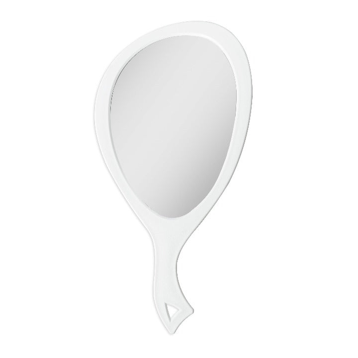 Zadro ZHL1 705004419956 product photo front view white, large teardrop handheld mirror with handle in front of a white background