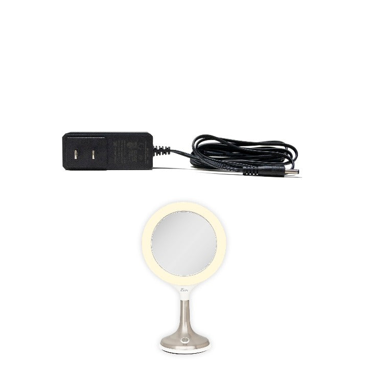 Zadro ADP12 705004424028 product photo front view with Solana makeup mirror, 15v / 1.5a power cord adapter in front of a white background