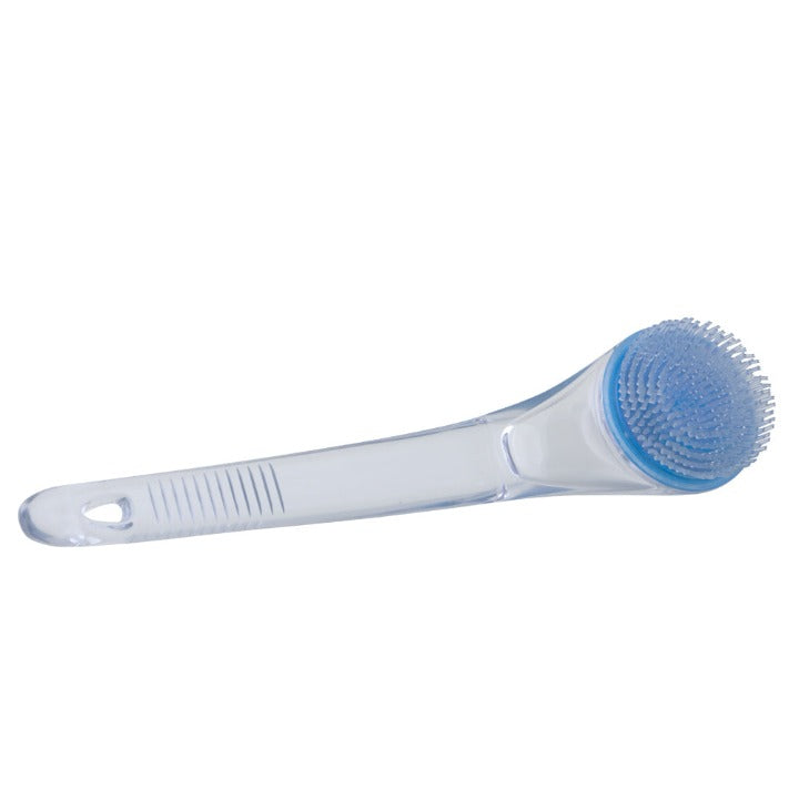 Zadro BR01 705004417488 product image front view, exfoliating body brush with clear handle and blue silicone bristles in front of a white background.