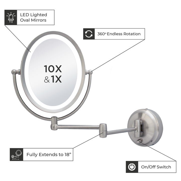Cordless Dual LED Lighted Oval Wall Mount Mirror, 10X/1X, Satin Nickel - Zadro Products