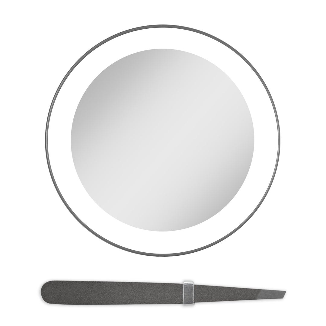 Lighted Compact Mirror with Magnification & Tweezer