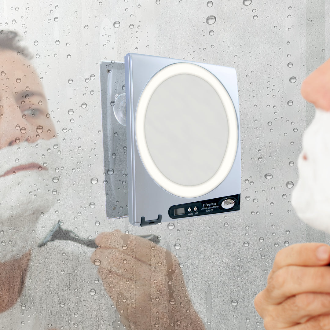 Fogless Lighted Shower Mirror with Magnification, Clock & Razor Holder