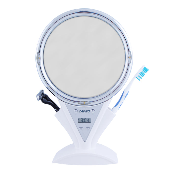 Power Zoom Lighted Makeup Mirror with Magnification & Digital Clock